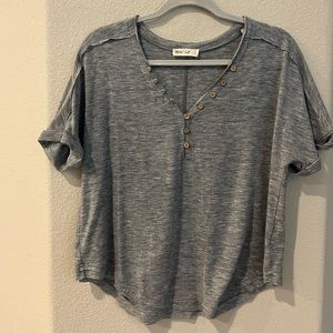 Relaxed Fit Heathered V Neck T-Shirt with Buttons